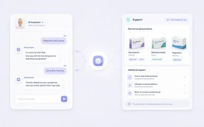 Screenshot eines KI-Apotheker-Support-Tools mit Chatoberfläche zur Beratung bei Beschwerden und Symptomen