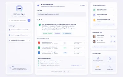 Screenshot eines KI-Wissens-Agenten zur Suche in internen Unternehmensdokumenten und Beantwortung von Mitarbeiterfragen