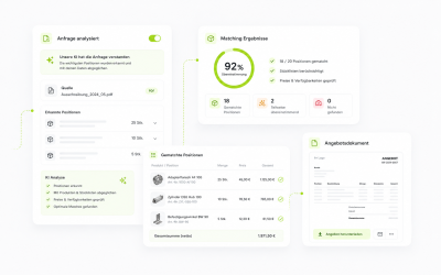 Screenshot eines KI-Angebots-Matching-Tools zur Analyse von Ausschreibungen, Stücklisten, Preisen und Angebotsdokumenten